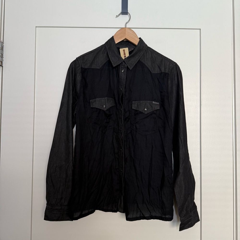 Diesel Industry Shirt Womens Size S Black Long Sleeve Snap Buttons Western